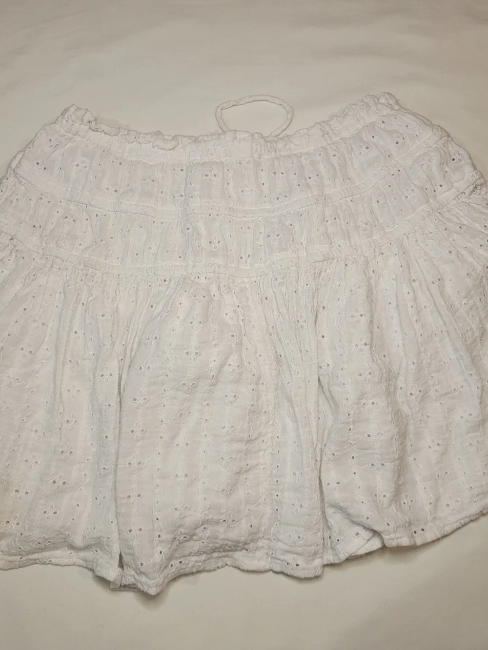 American Eagle Outfitters White Eyelet Tiered Mini Skirt with Drawstring